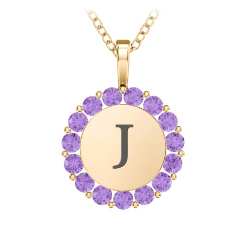 Initial Halo Disc Necklace with Gemstones – 18K Gold Plated Silver with Amethyst