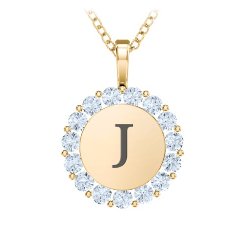 Initial Halo Disc Necklace with Gemstones – 18K Gold Plated Silver with Aquamarine