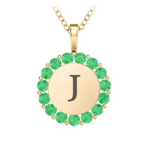 Initial Halo Disc Necklace with Gemstones – 18K Gold Plated Silver with Emerald