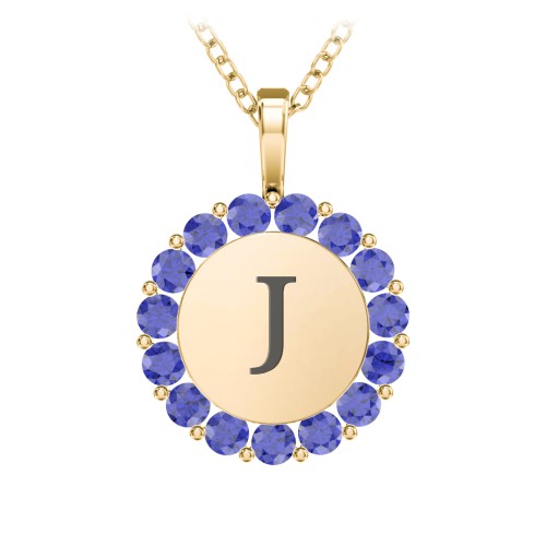 Initial Halo Disc Necklace with Gemstones – 18K Gold Plated Silver with Blue Sapphire