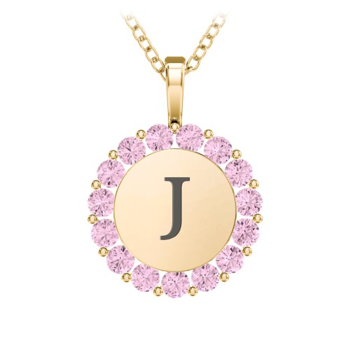 Initial Halo Disc Necklace with Gemstones – 18K Gold Plated Silver with Pink Tourmaline