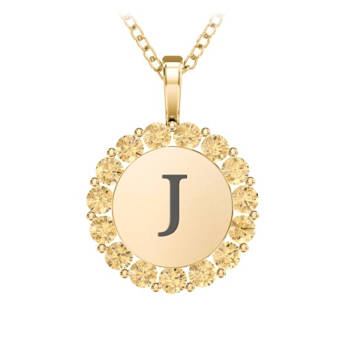 Initial Halo Disc Necklace with Gemstones – 18K Gold Plated Silver with Citrine