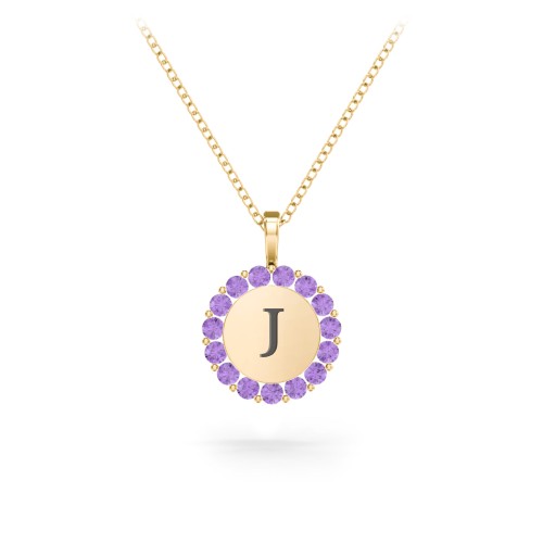 Initial Halo Disc Necklace with Gemstones – 18K Gold Plated Silver with Amethyst