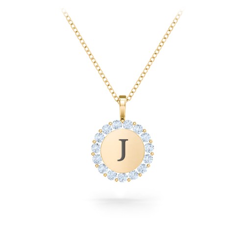 Initial Halo Disc Necklace with Gemstones – 18K Gold Plated Silver with Aquamarine