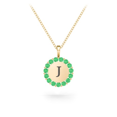 Initial Halo Disc Necklace with Gemstones – 18K Gold Plated Silver with Emerald