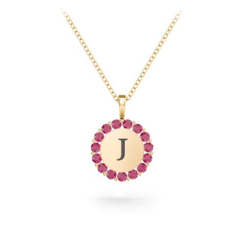 Initial Halo Disc Necklace with Gemstones – 18K Gold Plated Silver with Ruby