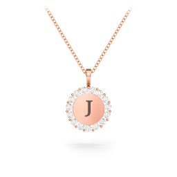 Initial Halo Disc Necklace with Gemstones in 10K Solid Rose Gold with White Premium Zirconia