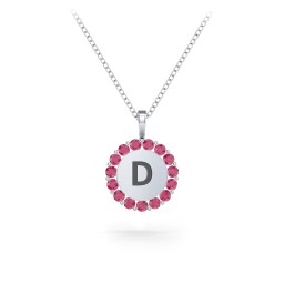 Initial Halo Disc Necklace with Gemstones in 925 Sterling Silver with Ruby