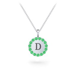Initial Halo Disc Necklace with Gemstones in 925 Sterling Silver with Emerald