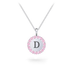 Initial Halo Disc Necklace with Gemstones in 925 Sterling Silver with Pink Tourmaline