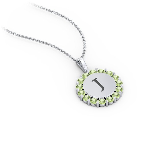 Initial Halo Disc Necklace with Gemstones – Sterling Silver with Peridot