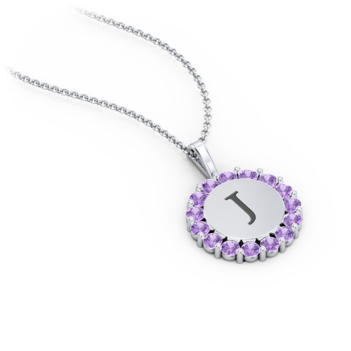 Initial Halo Disc Necklace with Gemstones – Sterling Silver with Amethyst