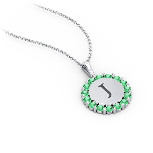 Initial Halo Disc Necklace with Gemstones – Sterling Silver with Emerald