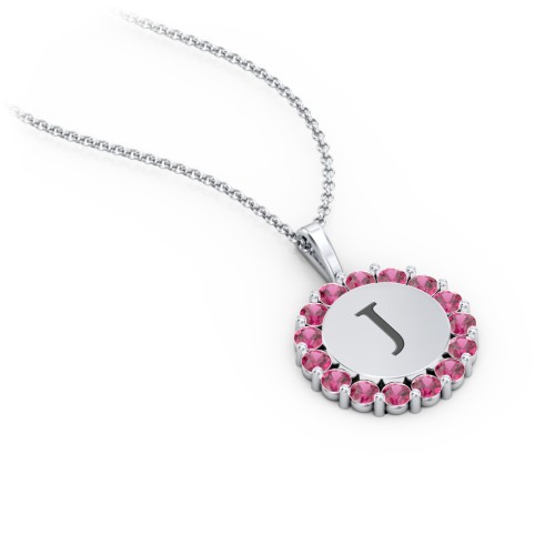 Initial Halo Disc Necklace with Gemstones – Sterling Silver with Ruby