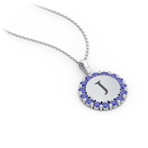 Initial Halo Disc Necklace with Gemstones – Sterling Silver with Blue Sapphire