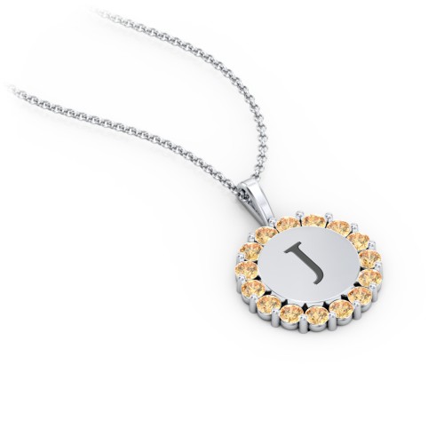 Initial Halo Disc Necklace with Gemstones – Sterling Silver with Citrine