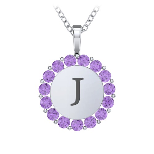 Initial Halo Disc Necklace with Gemstones – Sterling Silver with Amethyst