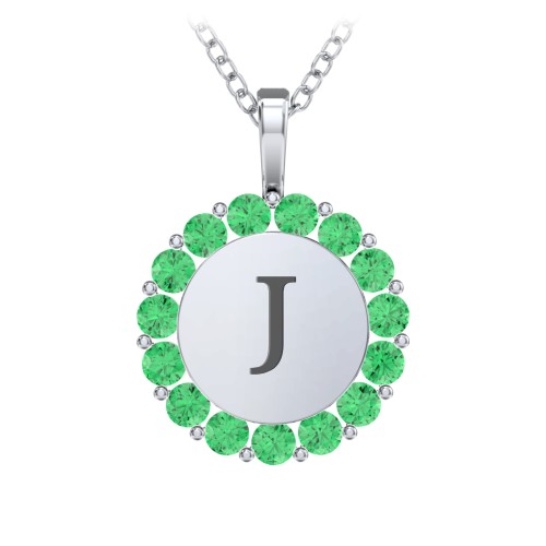Initial Halo Disc Necklace with Gemstones – Sterling Silver with Emerald