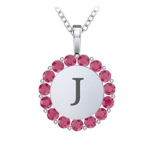 Initial Halo Disc Necklace with Gemstones – Sterling Silver with Ruby