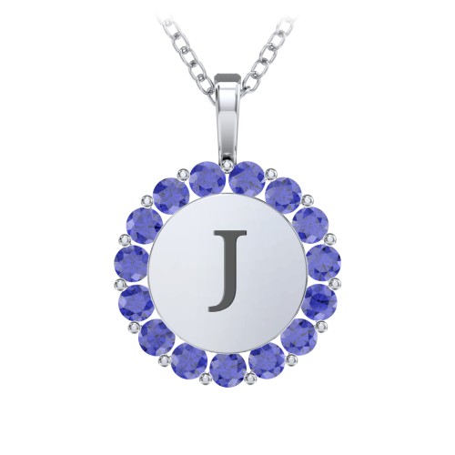 Initial Halo Disc Necklace with Gemstones – Sterling Silver with Blue Sapphire