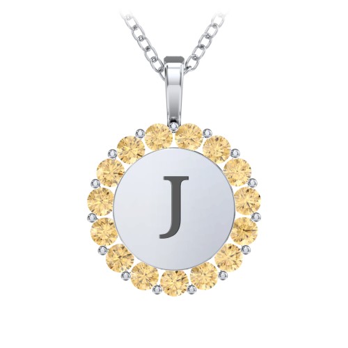 Initial Halo Disc Necklace with Gemstones – Sterling Silver with Citrine