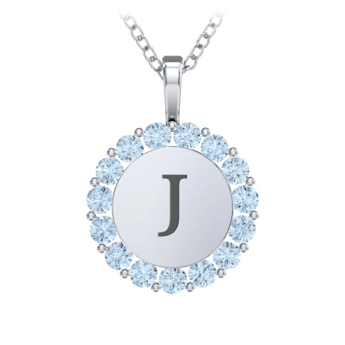 Initial Halo Disc Necklace with Gemstones – Sterling Silver with Blue Topaz