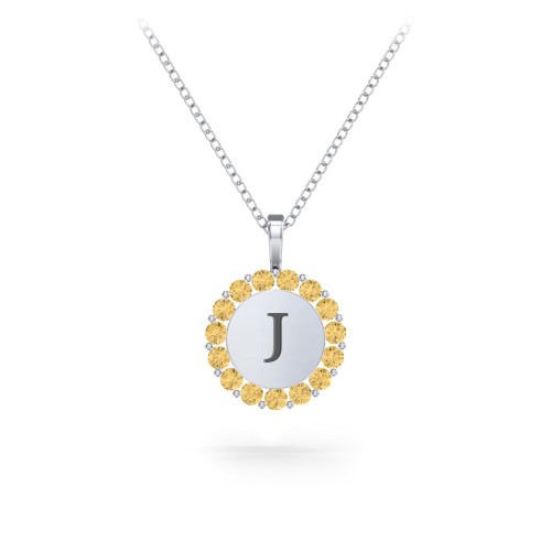 Initial Halo Disc Necklace with Gemstones – Sterling Silver with Citrine