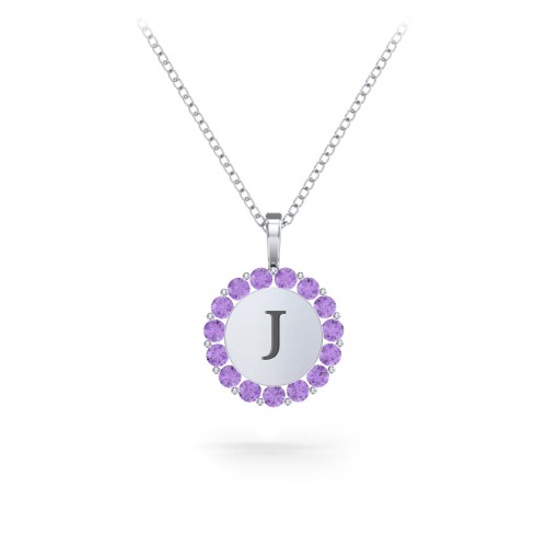 Initial Halo Disc Necklace with Gemstones – Sterling Silver with Amethyst