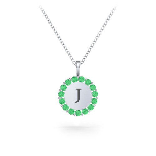 Initial Halo Disc Necklace with Gemstones – Sterling Silver with Emerald