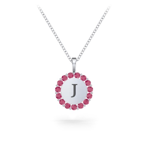 Initial Halo Disc Necklace with Gemstones – Sterling Silver with Ruby