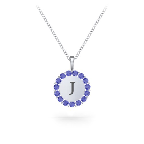 Initial Halo Disc Necklace with Gemstones – Sterling Silver with Blue Sapphire