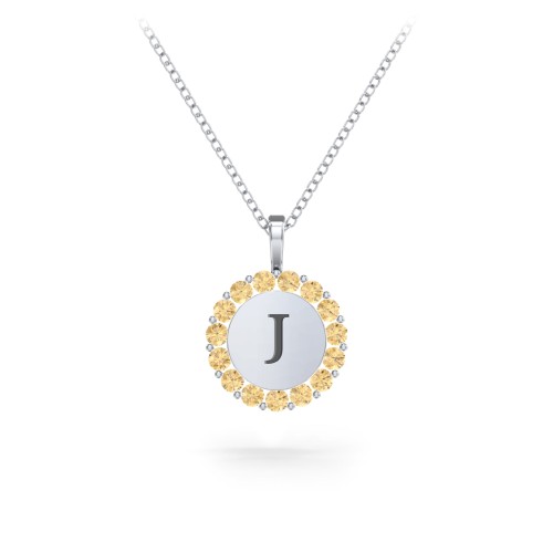 Initial Halo Disc Necklace with Gemstones – Sterling Silver with Citrine