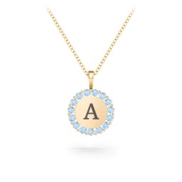 Initial Halo Disc Necklace with Gemstones in 10K Solid Yellow Gold with Blue Topaz