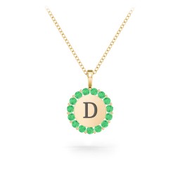 Initial Halo Disc Necklace with Gemstones in 10K Solid Yellow Gold with Emerald