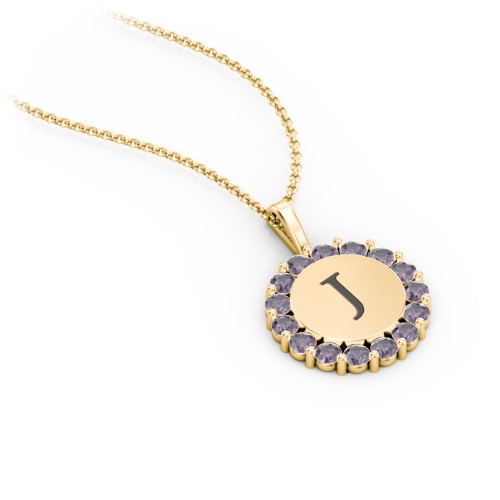 Initial Halo Disc Necklace with Gemstones – 10K Yellow Gold with Alexandrite