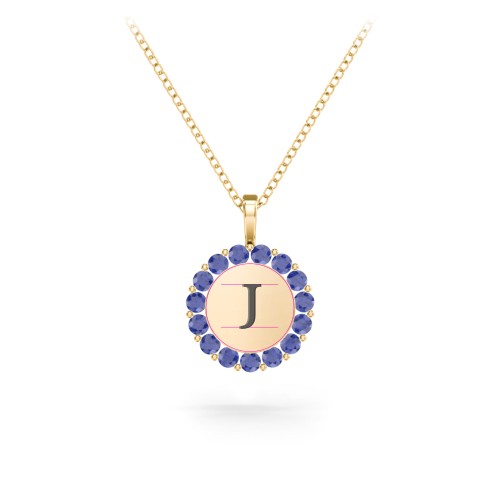Initial Halo Disc Necklace with Gemstones – 10K Yellow Gold with Blue Sapphire