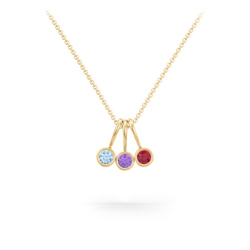Multi Bezel Set Birthstone Necklace - 3 Stone – 18K Gold Plated Silver with Blue Topaz, Amethyst, and Ruby