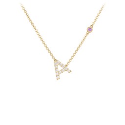 Pavé A Initial Necklace with Satellite Gemstone in 10K Solid Yellow Gold with White Premium Zirconia and Amethyst