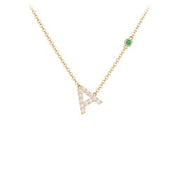 Pavé A Initial Necklace with Satellite Gemstone in 10K Solid Yellow Gold with White Premium Zirconia and Emerald