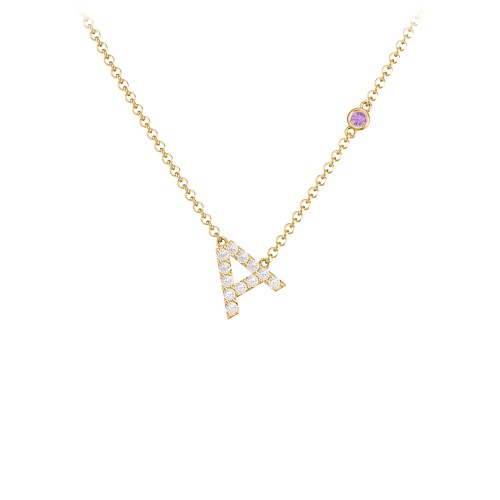 Pavé A Initial Necklace with Satellite Gemstone – 10K Yellow Gold with White Premium Zirconia and Amethyst