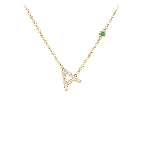 Pavé A Initial Necklace with Satellite Gemstone – 10K Yellow Gold with White Premium Zirconia and Emerald