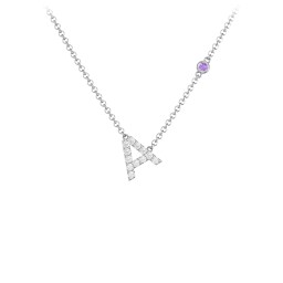Pavé A Initial Necklace with Satellite Gemstone in 925 Sterling Silver with White Premium Zirconia and Amethyst