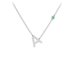 Pavé A Initial Necklace with Satellite Gemstone in 925 Sterling Silver with White Premium Zirconia and Emerald