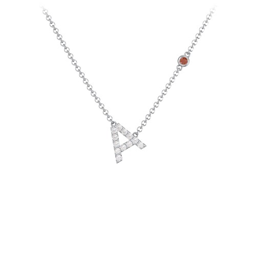 Pavé A Initial Necklace with Satellite Gemstone – Sterling Silver with White Premium Zirconia and Garnet