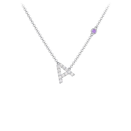 Pavé A Initial Necklace with Satellite Gemstone – Sterling Silver with White Premium Zirconia and Amethyst