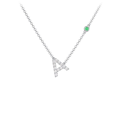 Pavé A Initial Necklace with Satellite Gemstone – Sterling Silver with White Premium Zirconia and Emerald