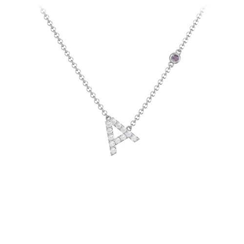 Pavé A Initial Necklace with Satellite Gemstone – Sterling Silver with White Premium Zirconia and Alexandrite