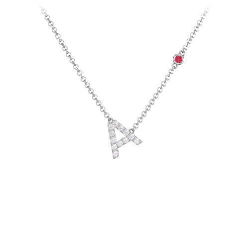 Pavé A Initial Necklace with Satellite Gemstone – Sterling Silver with White Premium Zirconia and Ruby