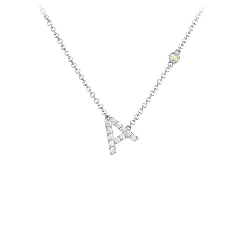 Pavé A Initial Necklace with Satellite Gemstone – Sterling Silver with White Premium Zirconia and Peridot