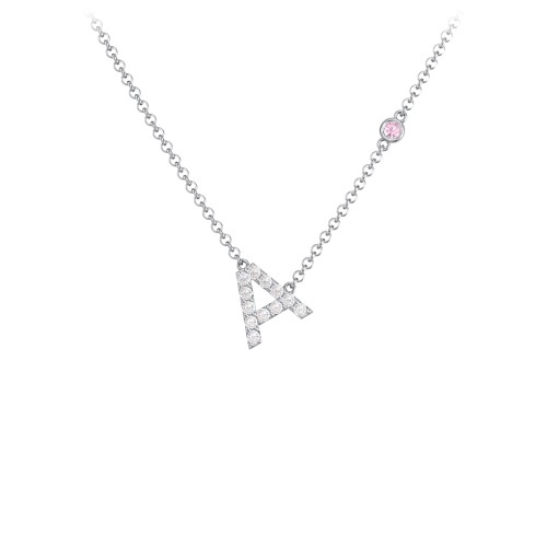Pavé A Initial Necklace with Satellite Gemstone – Sterling Silver with White Premium Zirconia and Pink Tourmaline
